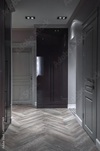 home design, hallway, corridor interior in modern scandinavian style in natural tones in gray color