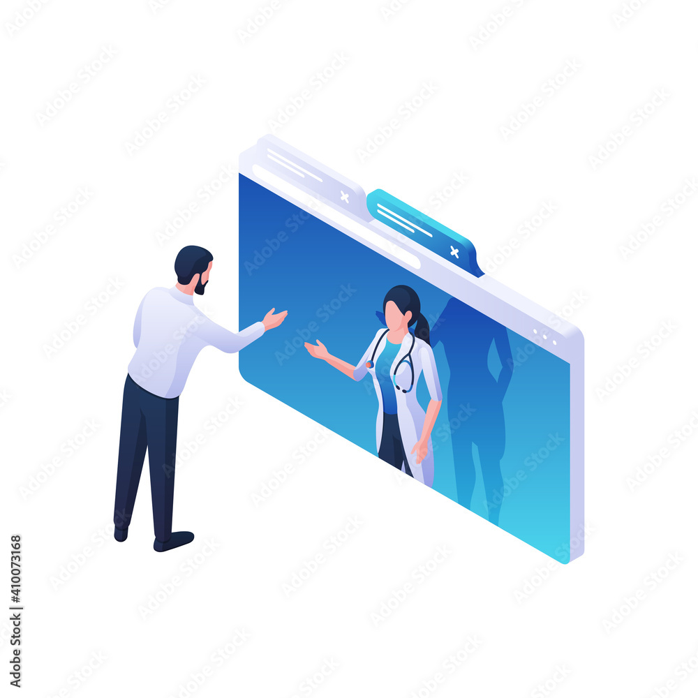 Doctors online advice and guidance isometric vector illustration. Female character in white coat from website screen gives medical instructions. Doctors online advice and guidance isometric vector illustration. Female character in white coat from website screen gives medical instructions.