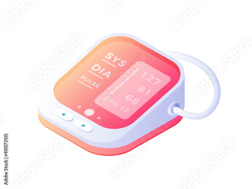 Electronic tonometer isometric vector. Modern red device with digital panel accurate blood pressure measurement.