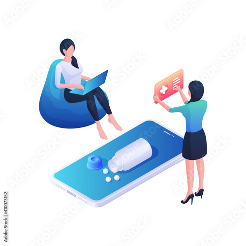 Woman selects online right drugs isometric illustration. Female character with laptop makes order drug.