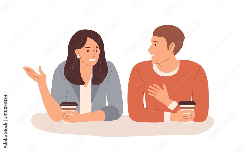 Young people with hot drinks talking during coffee break. Smiling man and woman chatting. Colored flat vector illustration isolated on white background