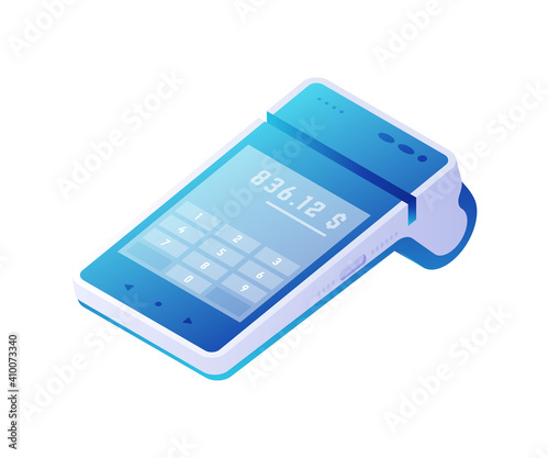 Hand payment terminal isometric vector. Blue electronic device for withdrawing and replenishing money.