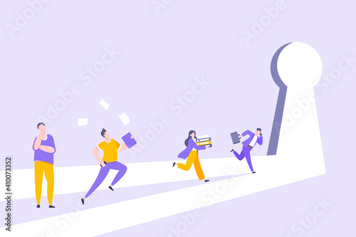 Business key opportunity concept with keyhole and ambitious people running to career potential and work financial success flat style vector illustration. New way business beginnings and unlock future.