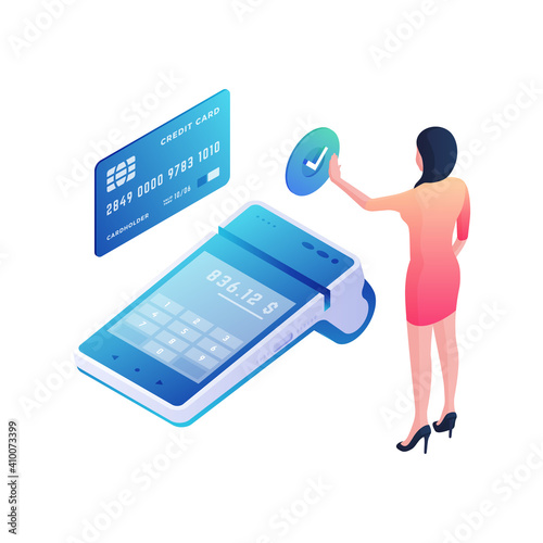 Payment in terminal by credit card isometric illustration. Female character pays for purchases with blue bank card.