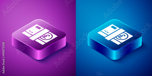 Isometric Pound sterling money icon isolated on blue and purple background. Pound GBP currency symbol. Square button. Vector.