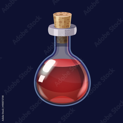Bottle with liquid red potion magic elixir game icon GUI. Vector illstration for app games user interface