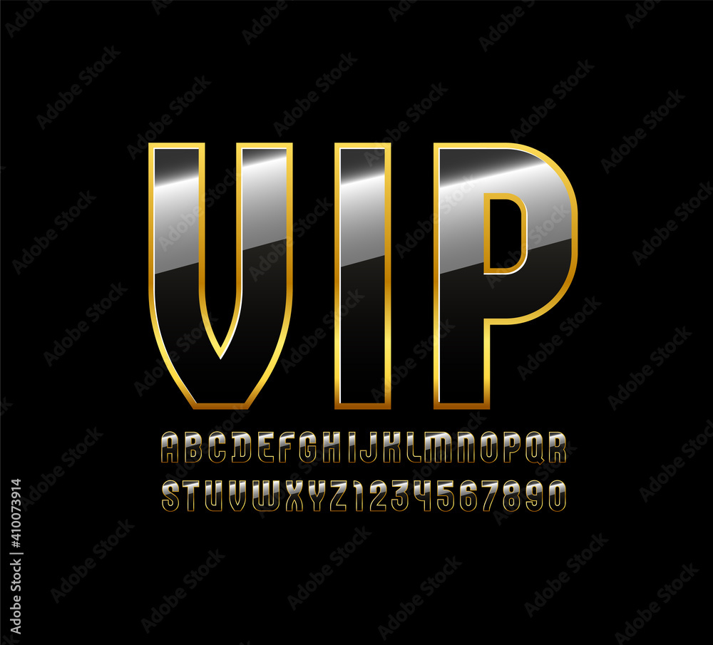 3d vip font with golden streak, trendy dark alphabet, modern condensed letters and numbers, vector illustration 10eps.