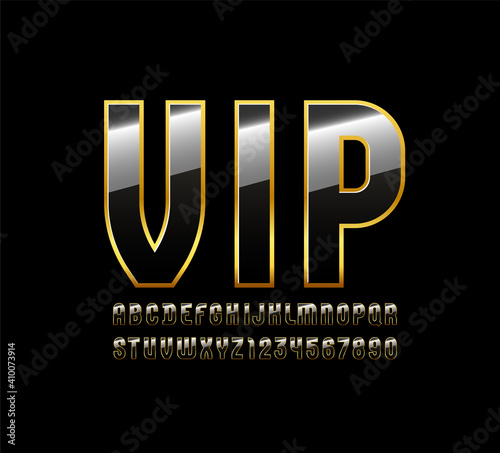 3d vip font with golden streak, trendy dark alphabet, modern condensed letters and numbers, vector illustration 10eps.
