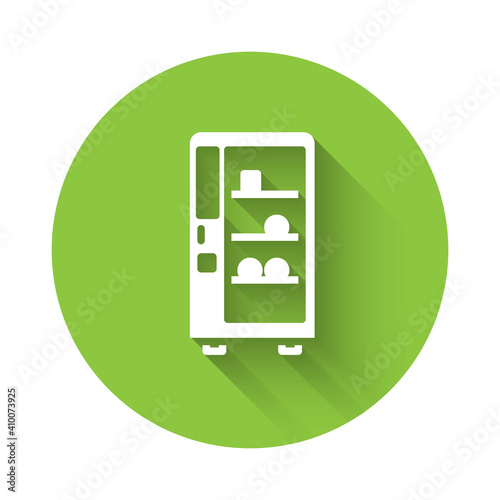 White Vending machine of food and beverage automatic selling icon isolated with long shadow. Green circle button. Vector.