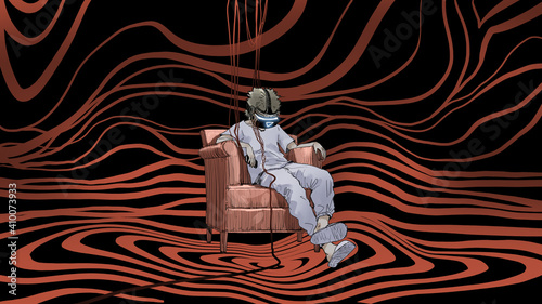 man sitting on armchair wearing virtual reality headset, digital art style, digital painting