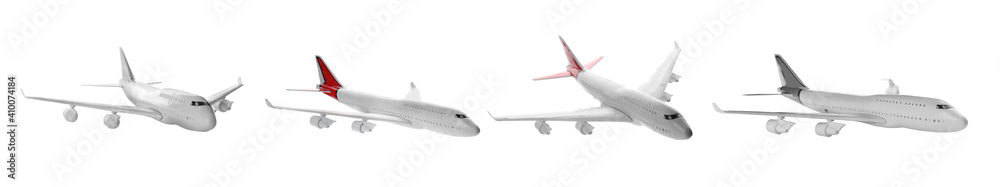 Fototapeta premium Set of toy airplanes isolated on white. Banner design