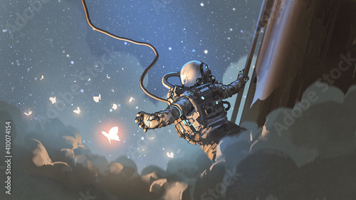 The astronaut reaching out to catch the glowing butterfly in the sky, digital art style, illustration painting
