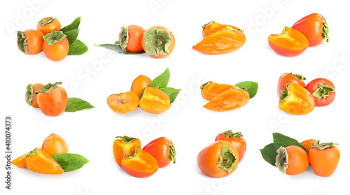 Set of delicious fresh ripe persimmons on white background