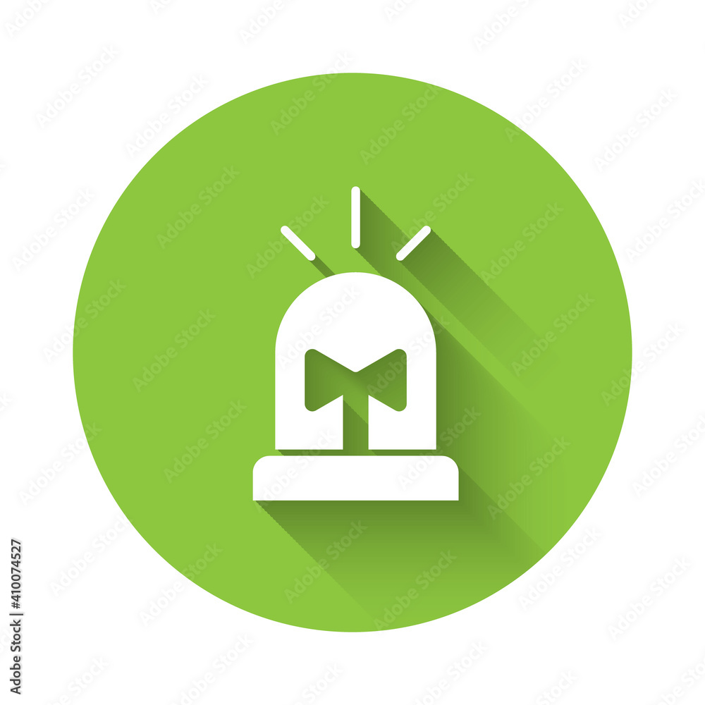White Flasher siren icon isolated with long shadow. Emergency flashing siren. Green circle button. Vector. White Flasher siren icon isolated with long shadow. Emergency flashing siren. Green circle button. Vector.