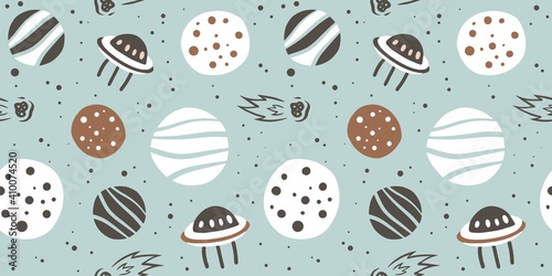 Trendy seamless space patterns. Planet in cosmos backgrounds for cosmonautics day. Endless texture of universe for wallpaper, wrapping paper