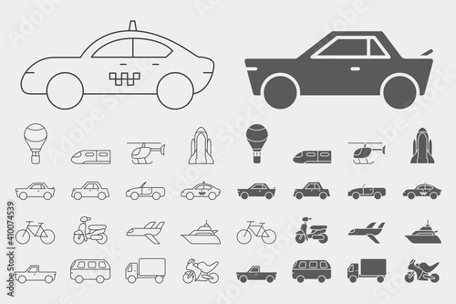 Transportation Icons set - Vector outline symbols and silhouettes of train, car, ship, bicycle, bus, airplane and etc. for the site or interface