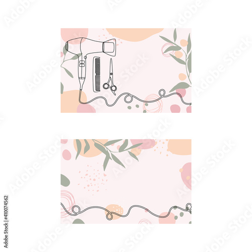 A set of horizontal backgrounds with abstract shapes and hand drawn hairdresser tools in pastel colors. Template with copy space for a business card, banner, flyer.Line with editable stroke,vector.