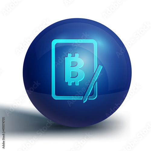 Blue Mining bitcoin from graphic tablet icon isolated on white background. Cryptocurrency mining, blockchain technology service. Blue circle button. Vector.