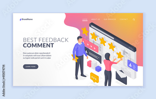 People leaving best feedback comment. Isometric vector banner