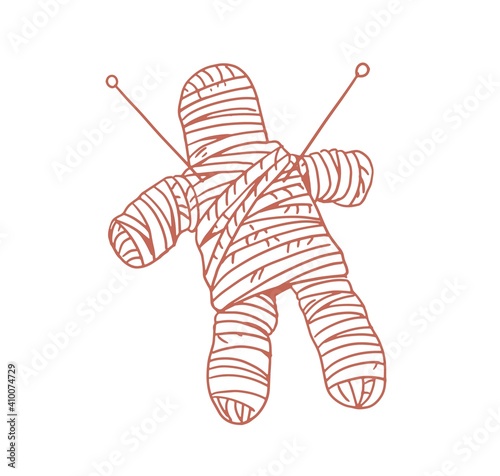 Voodoo doll pierced with needles and stabbed with pins for witchcraft, wizardry and casting spells on person. Handmade poppet. Vector illustration isolated on white background