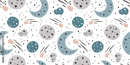 Trendy seamless space patterns. Cosmos backgrounds for cosmonautics day. Endless texture of universe for wallpaper, wrapping paper