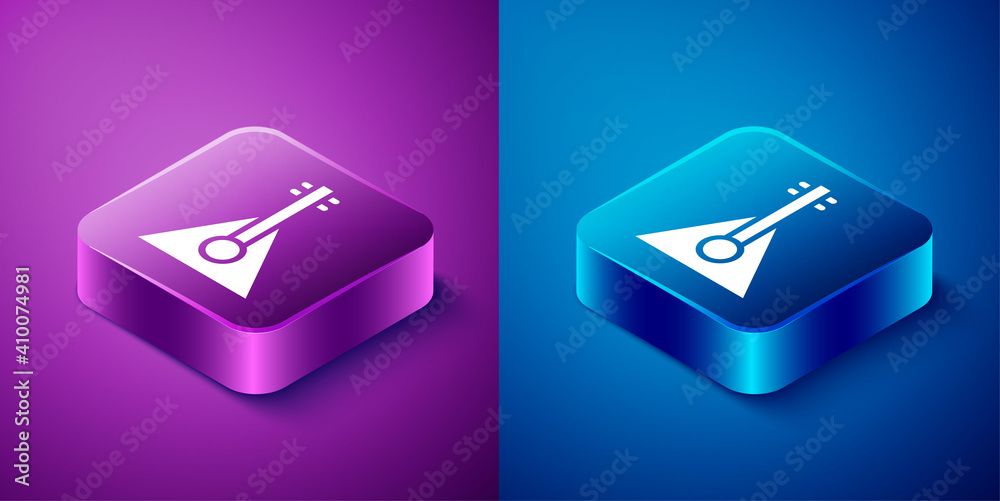Isometric Musical instrument balalaika icon isolated on blue and purple background. Square button. Vector. Isometric Musical instrument balalaika icon isolated on blue and purple background. Square button. Vector.