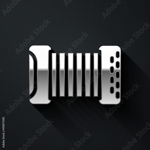 Silver Musical instrument accordion icon isolated on black background. Classical bayan, harmonic. Long shadow style. Vector.