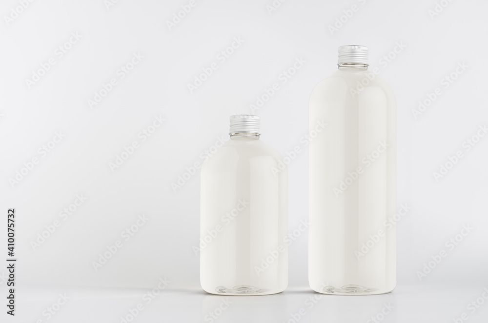 Set of two plastic tall and low bottles with water, silver cap mockup on white background, template, copy space. Set of two plastic tall and low bottles with water, silver cap mockup on white background, template, copy space.