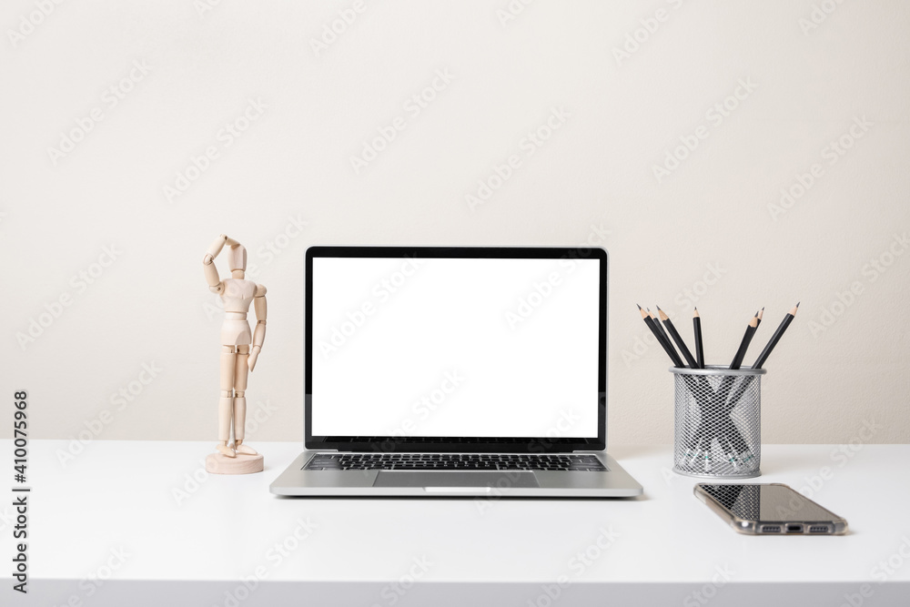 Fototapeta premium modern contemporary workspace with laptop computer, office stationery and supply on desk