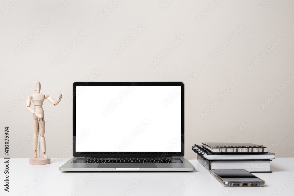 Fototapeta premium modern contemporary workspace with laptop computer, office stationery and supply on desk