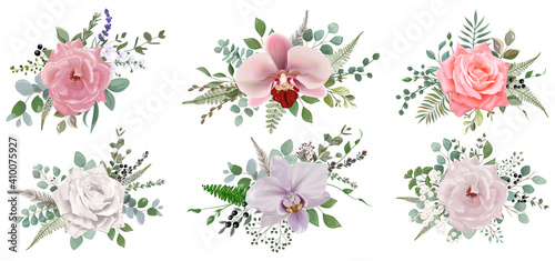 Set bouquets with  with realistic flowers and leaves watercolor, isolated on white. Vector Watercolor.