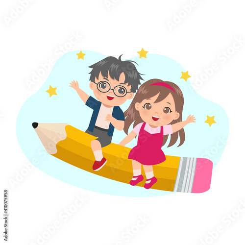 Cute boy and girl riding on big pencil with happy face. Back to school concept. Flat vector cartoon design.