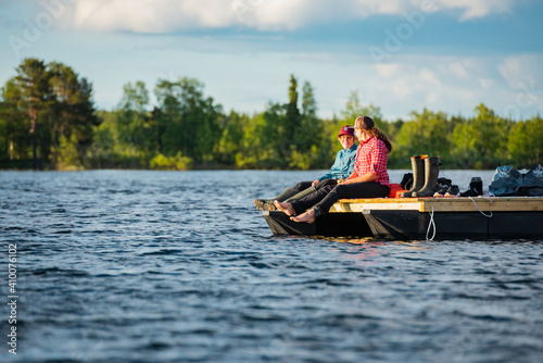 Woman relaxing on motor raft