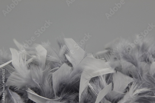 gray feather boa on the gray background. copy space, monochrome 