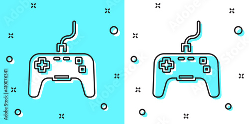 Black line Gamepad icon isolated on green and white background. Game controller. Random dynamic shapes. Vector.
