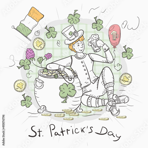 Outline illustration sticker banner in the style of childrens doodle for decorating designs on the theme of St. Patricks Day a guy in a leprechaun costume holds a mug of ale a pot of gold
