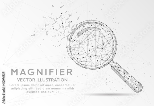 Magnifying or search sign digitally drawn low poly wire frame on white background.