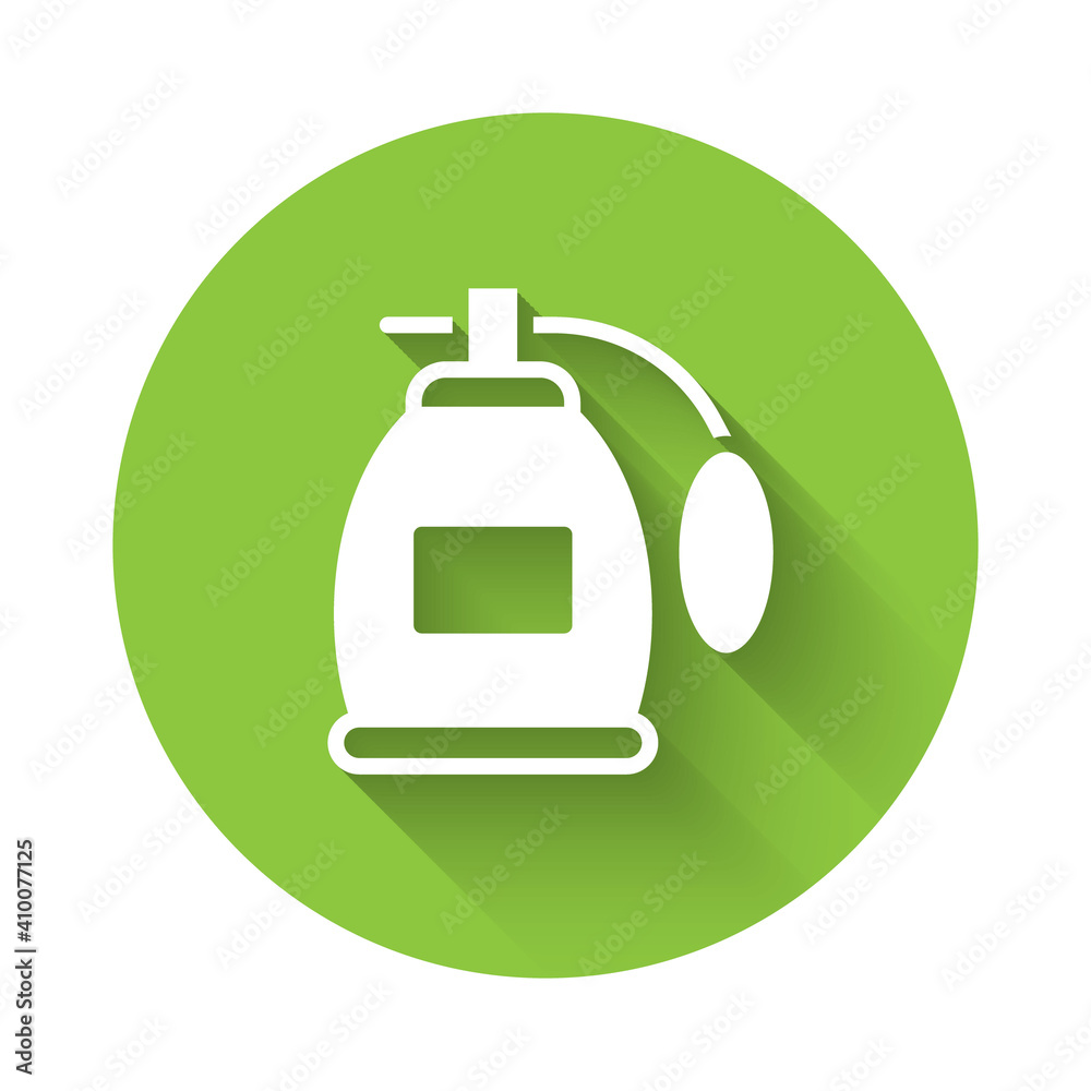 White Perfume icon isolated with long shadow. Green circle button. Vector.