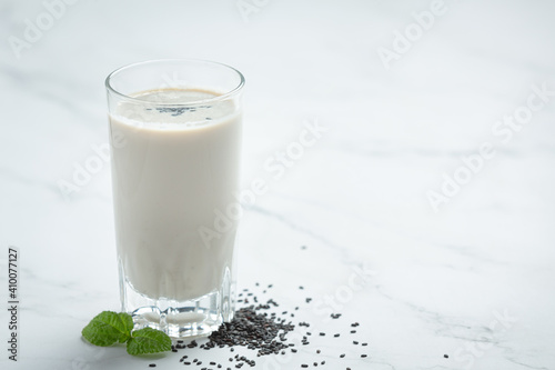 Soy milk mix black sesame on marble background