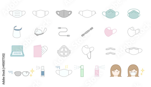 色々なマスクとマスク関連グッズのアイコンセット　サージカルマスク　布マスク　マスクストラップ　バンド