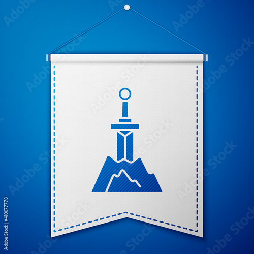Blue Sword in the stone icon isolated on blue background. Excalibur the sword in the stone from the Arthurian legends. White pennant template. Vector.