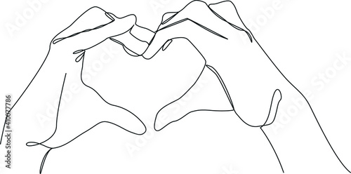 the Hands are folded in the shape of a Heart. The fingers form the heart. Continuous one line drawing. Vector illustration
