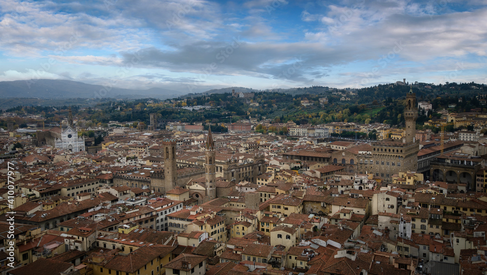 Panoramic view of Florence, Italy. Santa Croce Church, Palazzo Vecchio and other sightseeing. Panorama of the city from above.