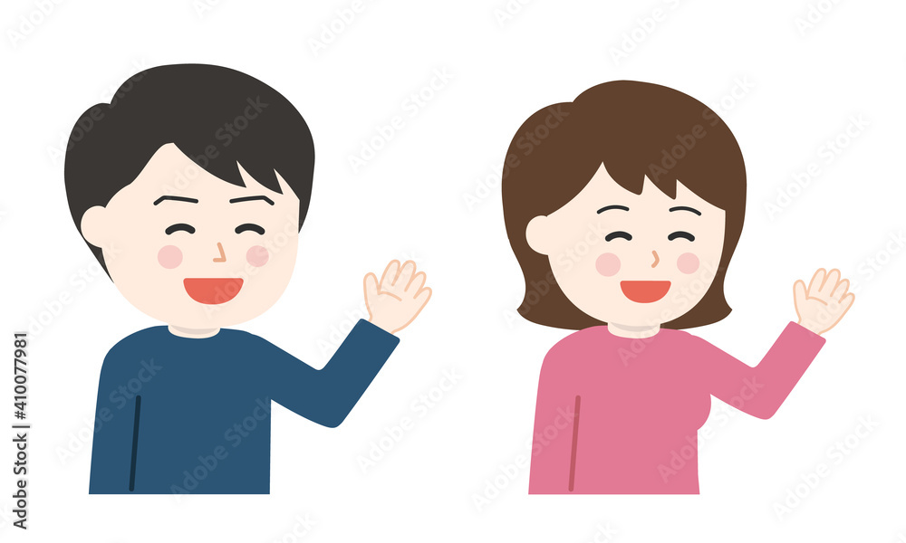 Young couple saying hello to someone with gestures. Vector illustration isolated on white background. Young couple saying hello to someone with gestures. Vector illustration isolated on white background.