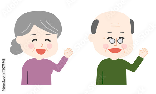 Elderly couple saying hello to someone with gestures. Vector illustration isolated on white background.