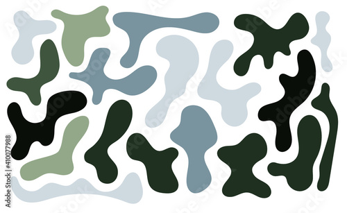 Green and grey rregular blob, set of abstract organic shapes. Abstract irregular random blobs. Simple liquid amorphous splodge. Trendy minimal designs for presentations, banners, posters and flyers.