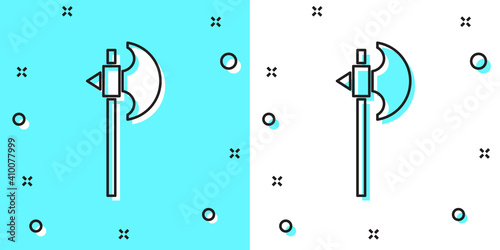 Black line Medieval axe icon isolated on green and white background. Battle axe, executioner axe. Medieval weapon. Random dynamic shapes. Vector.