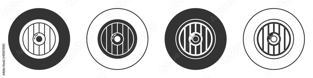 Black Round wooden shield icon isolated on white background. Security, safety, protection, privacy, guard concept. Circle button. Vector. Black Round wooden shield icon isolated on white background. Security, safety, protection, privacy, guard concept. Circle button. Vector.