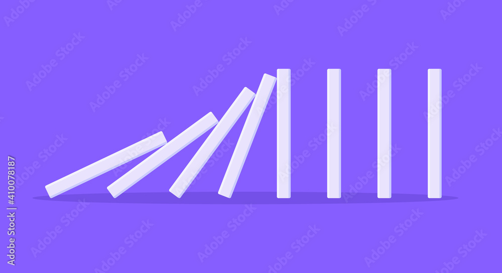 Domino effect business concept. Line in a row of falling board game blocks of dominoes flat style vector illustration. Business bankruptcy or crisis, risk chain reaction and finding solution metaphor. Domino effect business concept. Line in a row of falling board game blocks of dominoes flat style vector illustration. Business bankruptcy or crisis, risk chain reaction and finding solution metaphor.