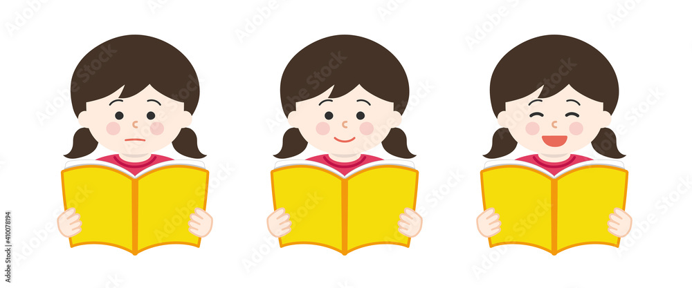 Girl holding open books and reading with different expressions. Vector illustration isolated on white background. Girl holding open books and reading with different expressions. Vector illustration isolated on white background.